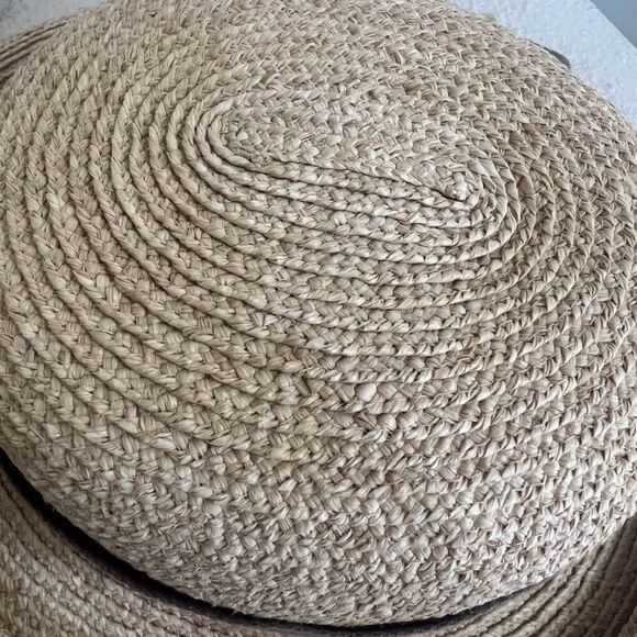 Vintage Helen Kaminski Raffia Straw Hat Rolled Brim Brown Bow hat block Like New - Picture 2 of 14